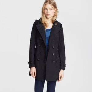 Burberry Trench Rain Coat Black Belted Jacket with Removable Liner & Hood Size 4